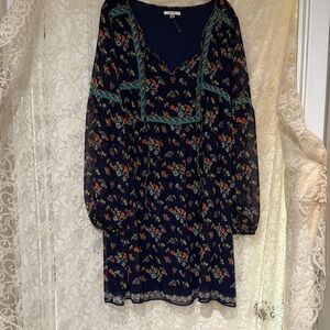 Sophie Max Navy Floral Long-Sleeve Mini Dress with Teal Trim